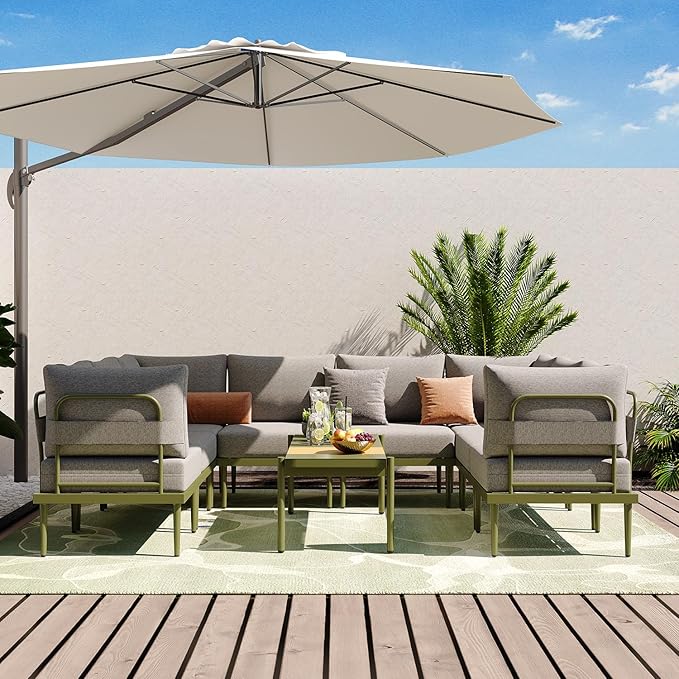 Sundale Outdoor 9 Pieces Patio Furniture Set, U-Shaped Outdoor Sectional Sofa with 6 Inch Olefin Cushion and Coffee Table, Modern Metal Outdoor Conversation Sets (8 Seats,Green Frame)