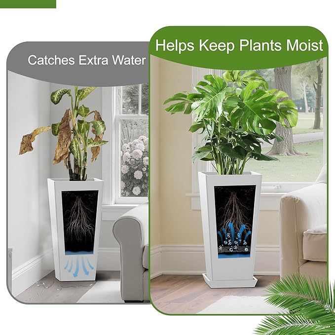 24" Tall Planters for Outdoor Plants, Set of 2 Large Outdoor Planters for Front Porch Decor with Drainage Hole, Front Porch Decor(White)