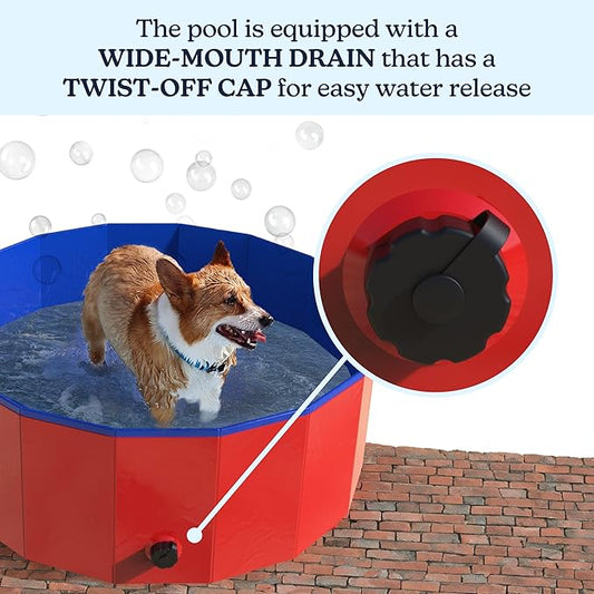 Foldable Dog Pool - 30.5x12in Pet Pool - Durable PVC Outdoor Pool with Drain for Grooming, Bathing, or Play - Kiddie Pool for Dogs by PETMAKER (Red)