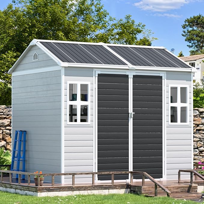 CDCASA 8x6 FT Resin Storage Shed, Waterproof Large Outdoor Sheds with Floor & Lockable Door, 2 Windows,Outside Plastic Tool Shed for Backyard, Patio, Poolside