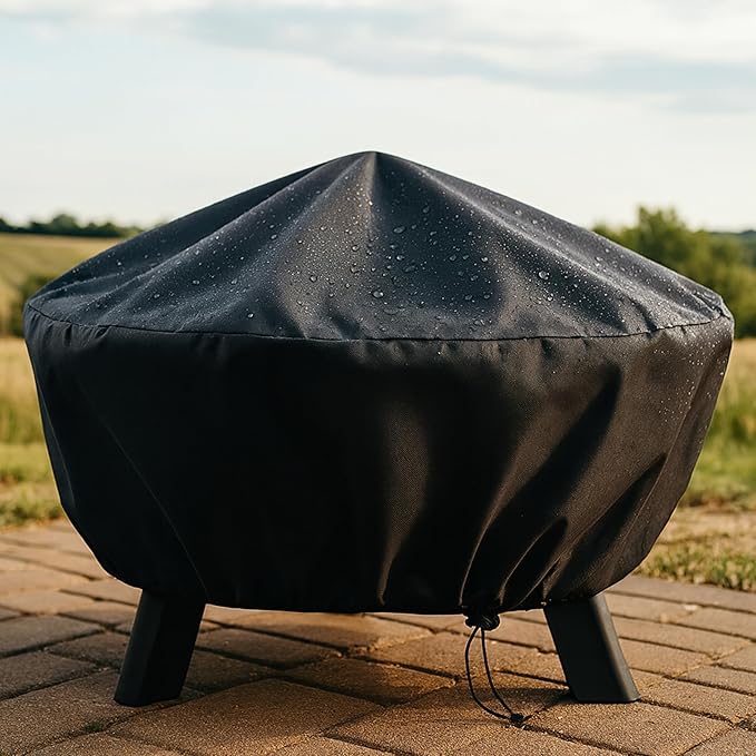 Sunnydaze Round Outdoor Fire Pit Cover - Heavy-Duty 300D Polyester and PVC with Drawstring Closure - Black - 40-Inch