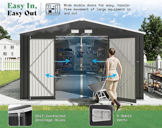 AMERLIFE 12x20x7.2 FT Outdoor Storage Shed with 2 Transparent Panels, Metal Garden Shed with Hinged Double Doors, Windows & Vents, Reinforced Steel Frame for Backyard Garden, DIY Workshop, Dark Gray
