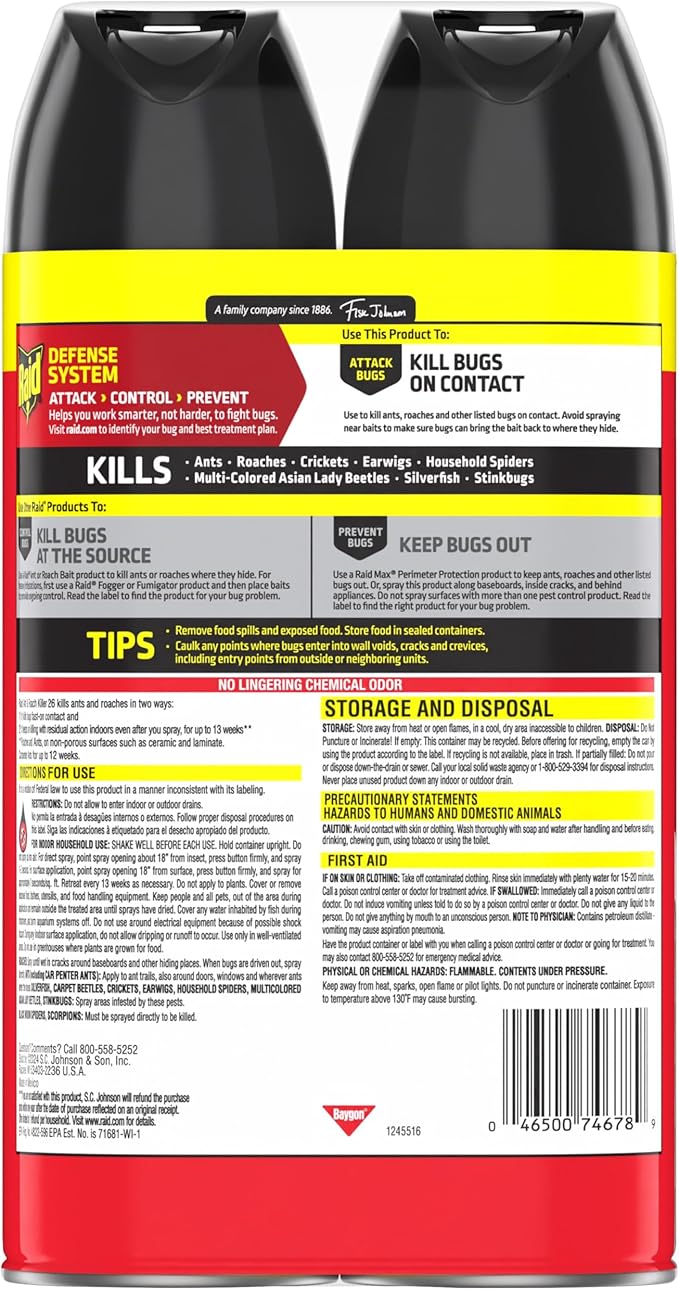 Raid Ant & Roach Killer 26, Fragrance Free Bug Killer for Home Use, Kills Bugs on Contact, 17.5 Oz, 2 Count