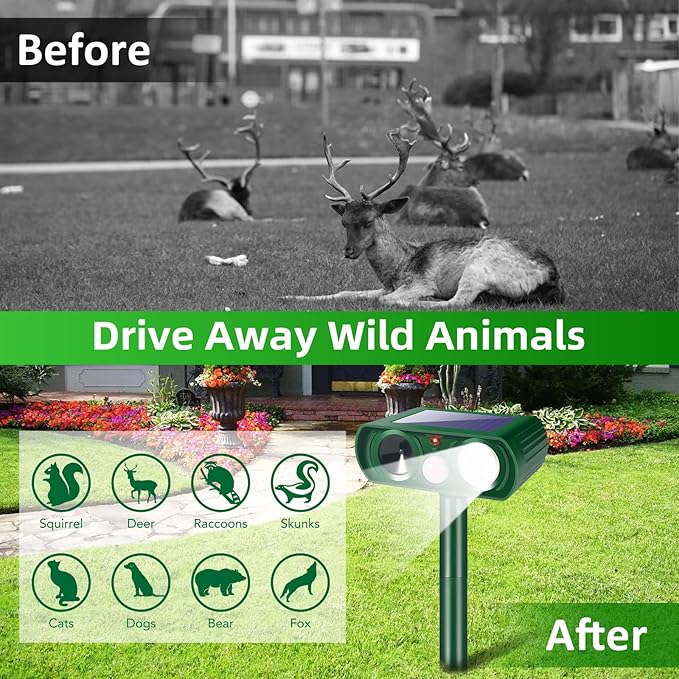 2026 New Solar Ultrasonic Animal Repellent Outdoor Motion Activated Deer Repellent Cat Deterrent with Flash Light to Keep Rodent Dog Skunk Rabbit Raccoon Squirrel Out of Yard Garden Lawn,4Pack