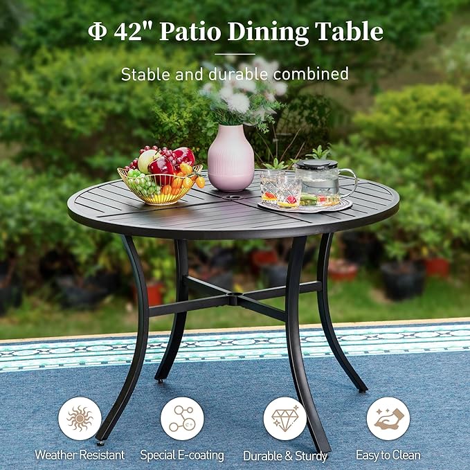 42" Round Patio Table for 4, Patio Dining Table with Umbrella Hole,E-Coating and Powder Coating Steel Frame Metal Outdoor Patio Table for Garden Backyard Lawn Yard