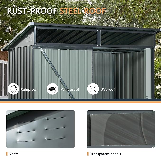 Favfurish 5 x 3 FT Outdoor Storage Shed, Metal Versatile Garden Shed with Lockable Door, Transparent Plate, Air Vents, Waterproof Storage House Tool Shed for Backyard Patio Lawn, Black