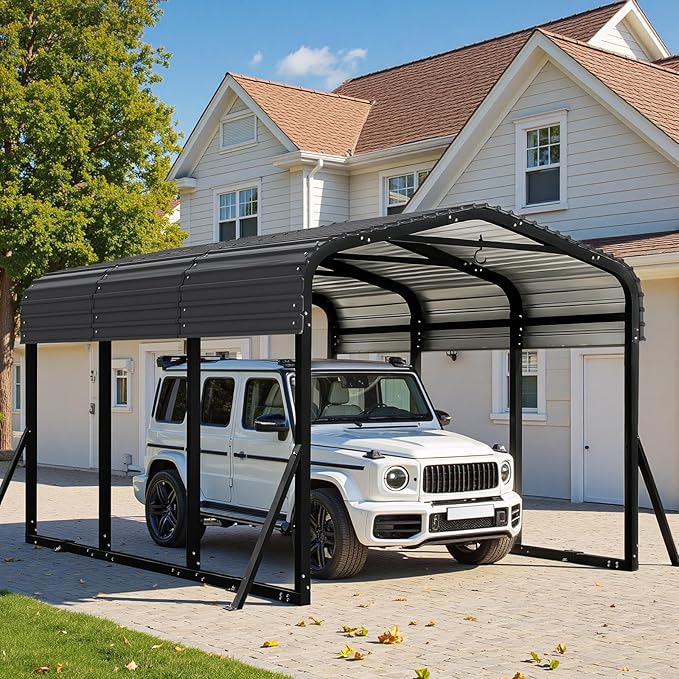 Heavy Duty Metal Carport Canopy, 10x15 FT Outdoor Car Port with Waterpoorf Metal Roof& Side Support Rods, Multi-Use Shelter Outdoor Garage for Car, Boats and Truck