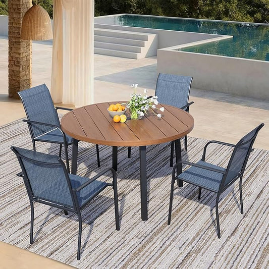 5 Pieces Patio Dining Set for 4, Blue Patio Stackable Chairs and Walnut Round Table Set of 4, Outdoor Furniture Set with Sling Support for Outside, Garden