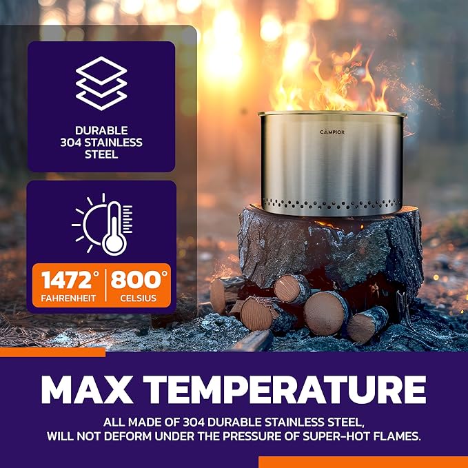 Large Wood Burning Fire Pit Stove - Smokeless Outdoor Stove for Efficient Wood Fires, Camping, Cooking, and Garden Gatherings, Durable Stainless Steel with Removable Ash Pan, 20.94 lbs