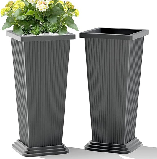 Set of 2 Tall Planters, 24" Large Indoor Outdoor Flower Pots with Tray, Modern Tapered Planters for Porch, Patio, Garden, Backyard