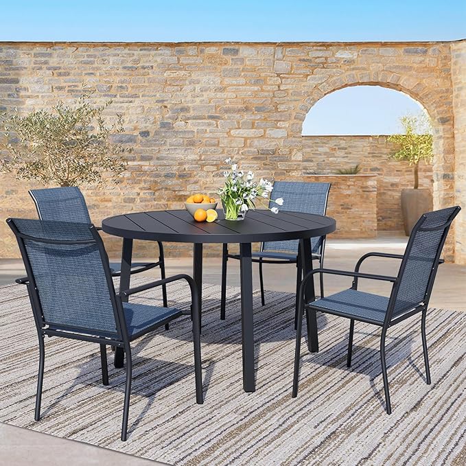 5 Pieces Patio Dining Set for 4, Blue Patio Stackable Chairs and Black Round Table Set of 4, Outdoor Furniture Set with Sling Support for Outside, Garden
