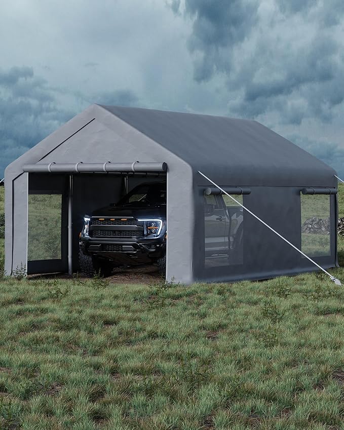 13x20 FT Carport,Heavy-Duty Carport with 4 Roll-Up Windows & Doors, Portable Garage 200g PE Tarp, Waterproof & UV Protected Outdoor Shelter for Car, Boat, Truck, Motorcycle