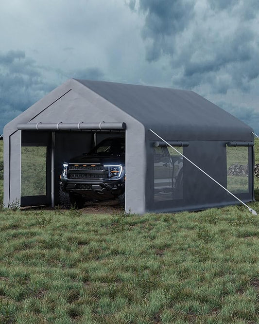 13x20 FT Carport,Heavy-Duty Carport with 4 Roll-Up Windows & Doors, Portable Garage 200g PE Tarp, Waterproof & UV Protected Outdoor Shelter for Car, Boat, Truck, Motorcycle