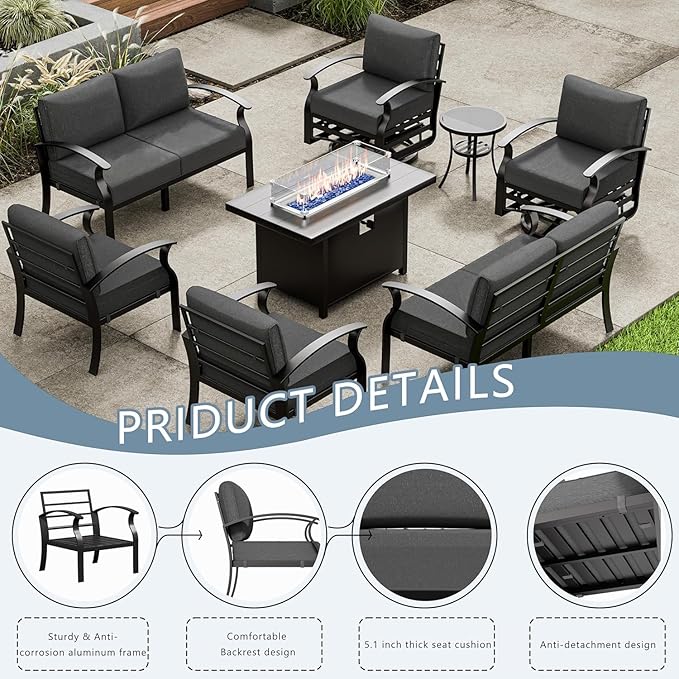 Aluminum Patio Furniture Set with Fire Pit Table, 8 Seats Outdoor Patio Conversation Set with Swivel Chair Modern Metal Patio Sectional Sofa with Upgrade Cushions for Patio, Backyard (Grey)