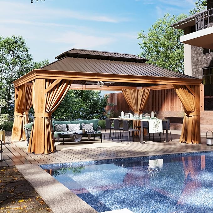 Aoxun Hardtop Gazebo, 12 x 16ft Wooden Finish Coated Aluminum Frame Canopy, Galvanized Steel Double Top, Outdoor Permanent Metal Pavilion with Curtains and Netting, for Backyard, Patio and Deck