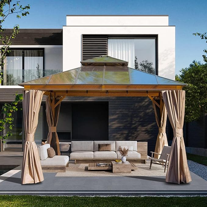 Domi 12' X 12' Hardtop Gazebo with Polycarbonate Double Roof, Aluminum Frame, Curtains & Netting, All-Weather Backyard Shade Structure for Patio, Garden, Deck, and Lawn, Wood-Look Finish