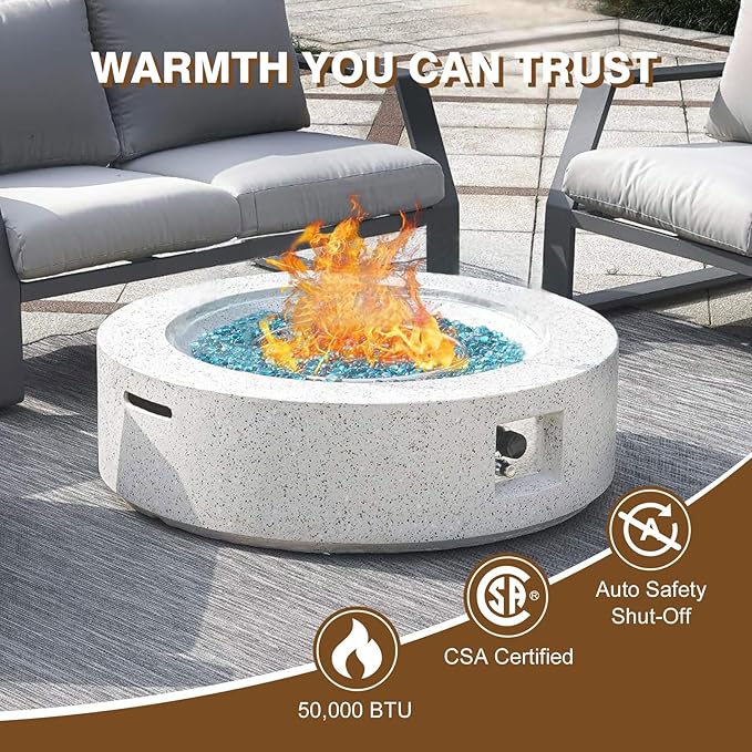 Outdoor Propane Fire Pit Table Set – Premium Terrazzo-Like MgO Finish, Round Gas Fire Table for Patio, Garden & Backyard, Includes Rain Cover & Glass Beads