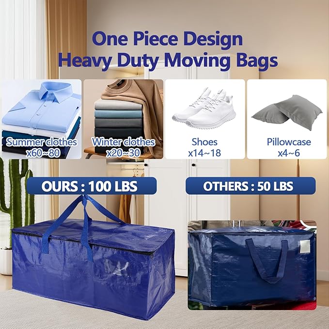 6 Pack Waterproof Moving Bags with Strong Zippers and Reinforced Handles, Real 100lb Capacity Extra Heavy Duty Large Storage Totes for Packing & Moving Storing, Alternative to Moving Boxes -95L,Blue