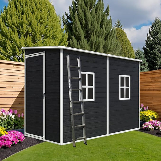 Storage Shed 4x8 ft Outdoor Lean to Resin Shed with Floor and 2 Windows, Lockable Door Plastic Sheds, Waterproof Sheds for Garden Tools, Bicycles, Trash Cans, Lawn Mower, Black