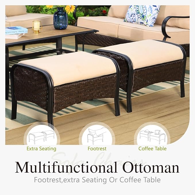 Sophia & William Patio Furniture Set with 32" Fire Pit Table, 3-Seater Sofa, 2 Sofa Chairs, 2 Ottoman, 7 Seats Outdoor Metal Conversation Sets for Seating Lawn Garden Backyard, Beige