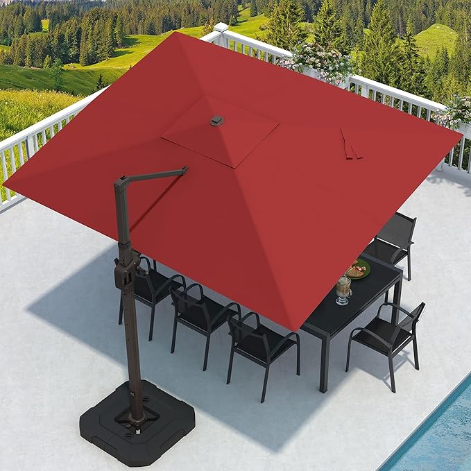 9' X 12' Cantilever Patio Umbrella with Base Included Rectangular Outdoor Large Offset Umbrellas with 7 Tilts Adjustable 360°Rotation for Deck Pool Garden Backyard, Red