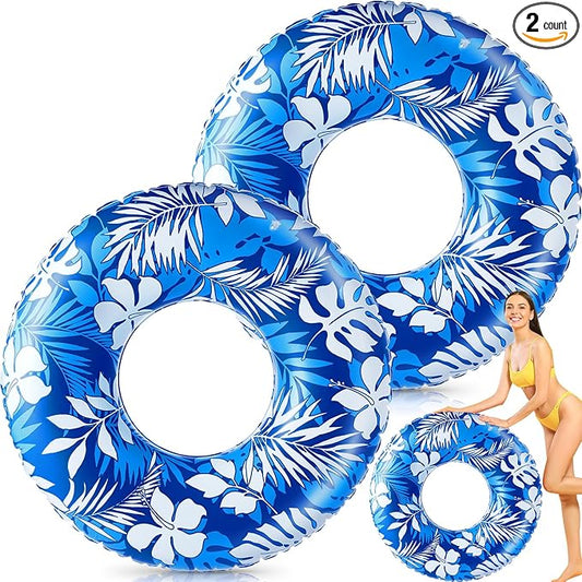 Jumbo Float Tube 47.24 Inches Inflatable Pool Floats Large Pool Tube Tropical Leaves Inflatable Tube Blue White Pool Rings Beach Swimming Ring for Adults Summer Supplies