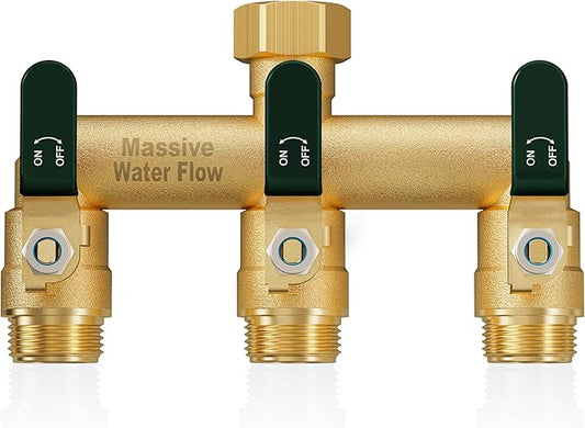 3 Way Hose Splitter, Heavy Duty Full Flow Garden Water Hose Bib Spigot Splitter, Brass Rust and Freeze Resistant Outdoor Faucet Splitter, T Adapter Connector with 3/4 - Inch GHT Thread （Green）