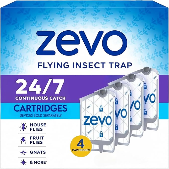Zevo Flying Insect Trap Refill Cartridge | 4 Replacement Cartridges for Zevo Plug-in Trap | Fruit Fly, Gnat & Fly Capture | Odorless & Mess-Free