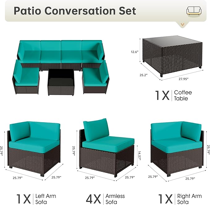 7 Piece Patio Sectional Furniture Set Outdoor Furniture Black Rattan Outdoor Sectional & Patio Sectional, Hand-Woven Wicker Outdoor Sectional Blue Cushions Glass Table