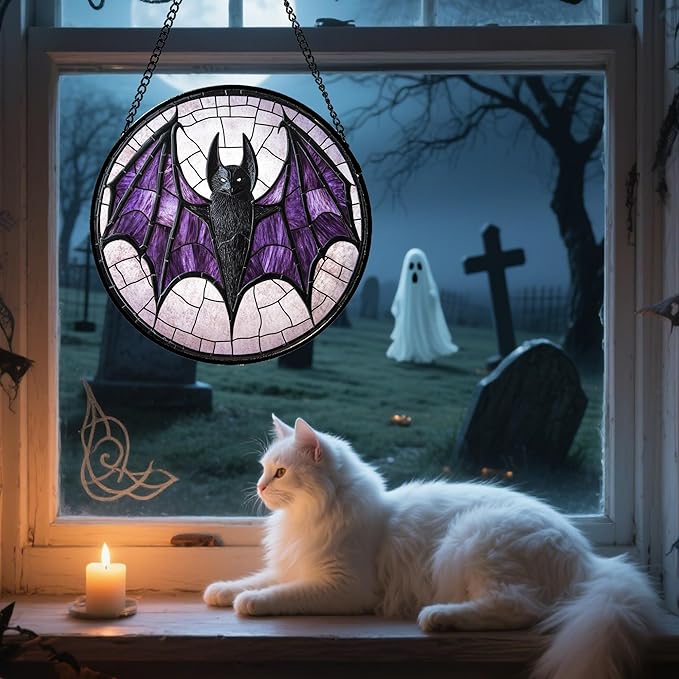 CRISGIF Stained Glass Window Hanging - Halloween Black Bat Purple Wings Monster Suncatcher for Doors Garden Home Spooky Sun Catchers Gothic Decor Horror Gift for Women Men Friend Boy Girl 9.8 in