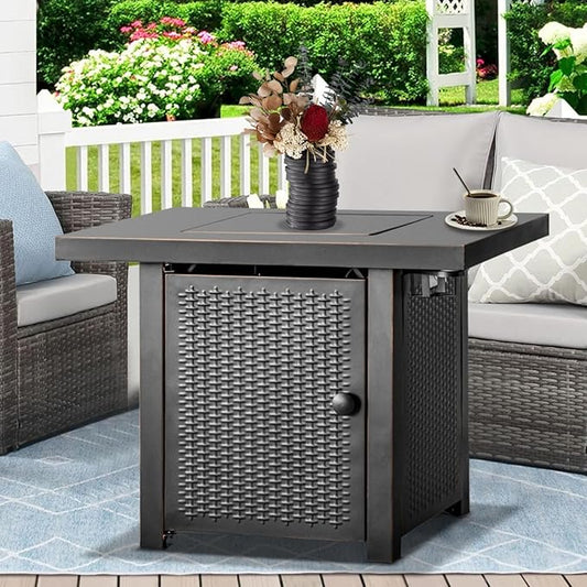 32 Inch Propane Fire Pit Table, Outdoor Gas Fire Pits with 2 Drink Holders, Lid & Lava Rock, 50000 BTU Firepit Table for Dinning, Party in Outside, Patio, Garden or Yard