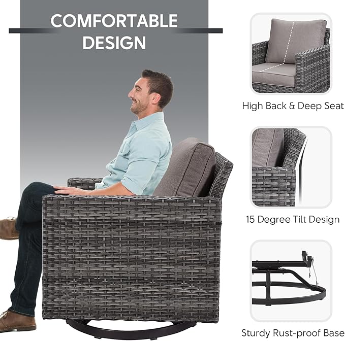 Outdoor Swivel Rocker Chairs Set of 4 with Fire Pit Table - 5 Peice Wicker Patio Furniture Set Conversation Set with 50,000 BTU Fire Pit for Deck Backyard - Grey Wicker Grey Cushion