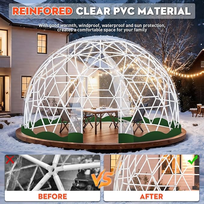 12FT Garden Dome Tent, Geodesic Dome Greenhouse with PVC Clear Cover, Waterproof Garden Bubble Dome Tent House with 2 x 10M Light Strings for Outdoor, Patio, Party