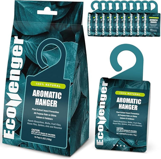 EcoVenger Pest Control Aroma Hanger 10-Pack Natural Peppermint/Cedar/Lemongrass Insect Repellent Moths Mosquitoes, Spiders, Roaches, Weather-Proof Lasting Bug Deterrence, Safe Around Children & Pets