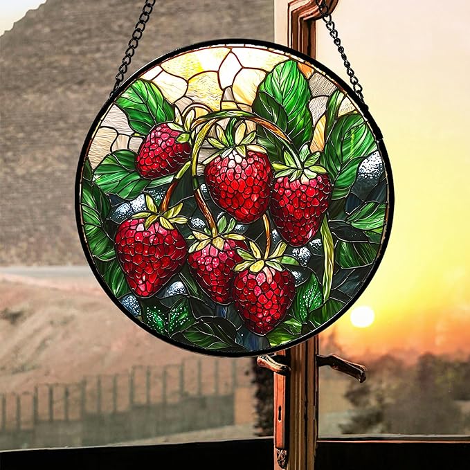 AMDERVEN Stained Glass Suncatcher, Red Strawberry Green Leaf Sun Catcher Silver Background Stain Glass Window Hanging Decoration Mother's Day Birthday Gifts for Women Men Mom Nana 11.8 in