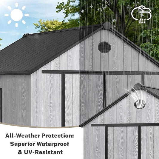 8x8 FT Resin Storage Shed with Lockable Doors & Vents - Heavy-Duty Foldable Panels, Weather-Resistant Design for Garden Tools, Bikes, Patio Furniture, Lawn Mowers & Outdoor Organization