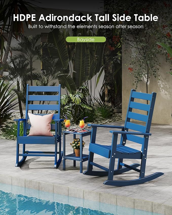 GREENVINES Tall-Outdoor-Side-Table | 23.5" | HDPE Plastic | Patio Adirondack End Tables | All Weather | 2-Tier | Blue | for Porch Garden Indoor & Rocking Chairs