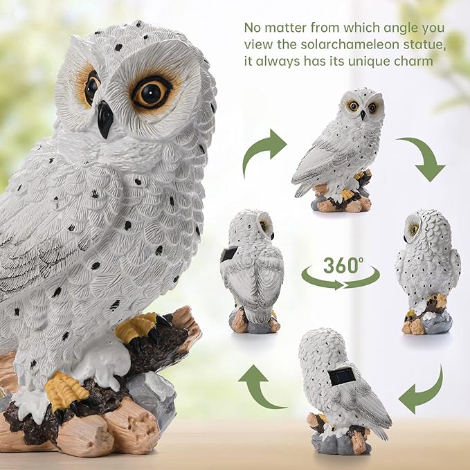 Ayadon Solar Owl Garden Outdoor Statue,Owl Figurine Sculpture with LED Lights for Porch Patio Lawn Yard Deck Decor - Ideal Housewarming Christmas Gift for Women Men Owl Lover(White)