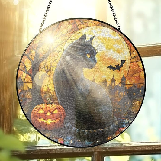FLAGWIX Halloween Decorations Indoor - Stained Glass Window Hanging 8 inch - Black Cat Gifts for Women Men, Witchy Gifts for Cat Lovers, Sun Catchers, Fall Decor Home
