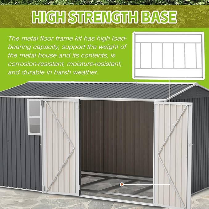 ZMAD Outdoor Storage Shed Metal, Large Garden Tool Sheds Outdoor with Lockable Doors, Waterproof Steel Utility Storage Building (Gray, 8X 12ft /Floor Frame)