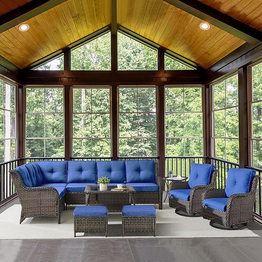 Belord Outdoor Furniture Sectional Sofa L Shaped Couch - Patio Wicker Set with 2 Swivel Glider Chairs, 8 Piece Rattan Patio Conversation Sets with Blue Cushion for Deck Backyard Sunroom