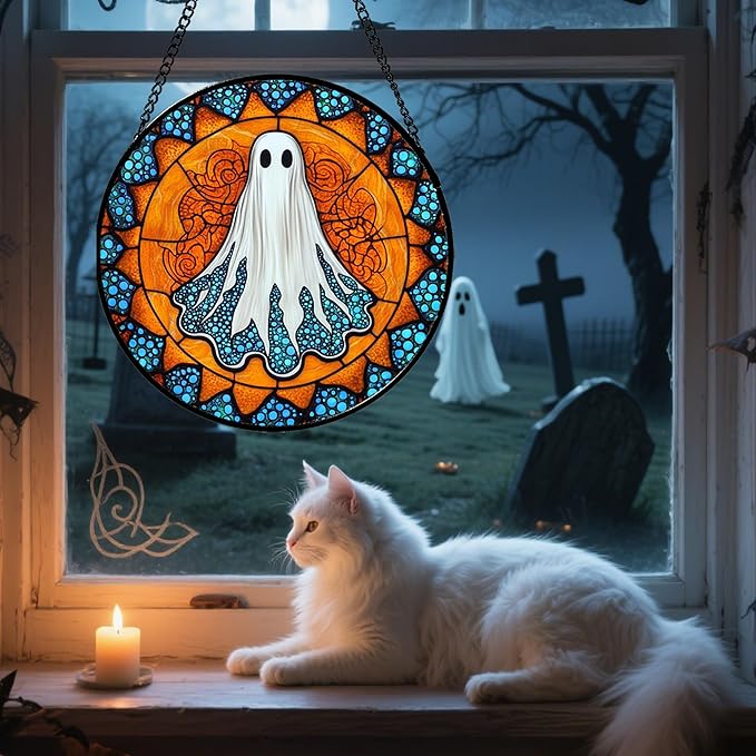 CRISGIF Stained Glass Window Hanging - Halloween Decorations White Ghost Suncatcher for Doors Garden Indoor Spooky Funny Blue Sun Catchers Gothic Decor Horror Gifts for Women Men Friend 15 in