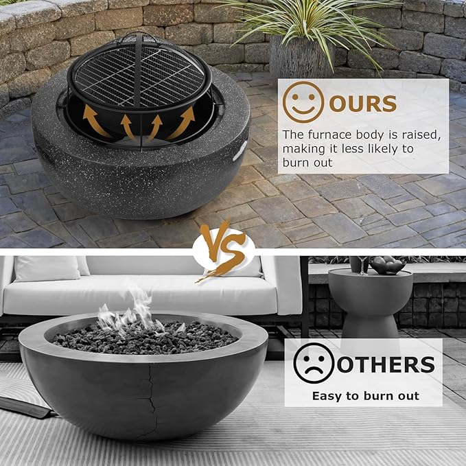 Outdoor Round Fire Pit 23.5” Faux Concrete Burning Firepit Portable Charcoal Grill for Patio Garden Backyard Barbecue, with Spark Screen, Firebowl, Poker, Stainless Steel Rack
