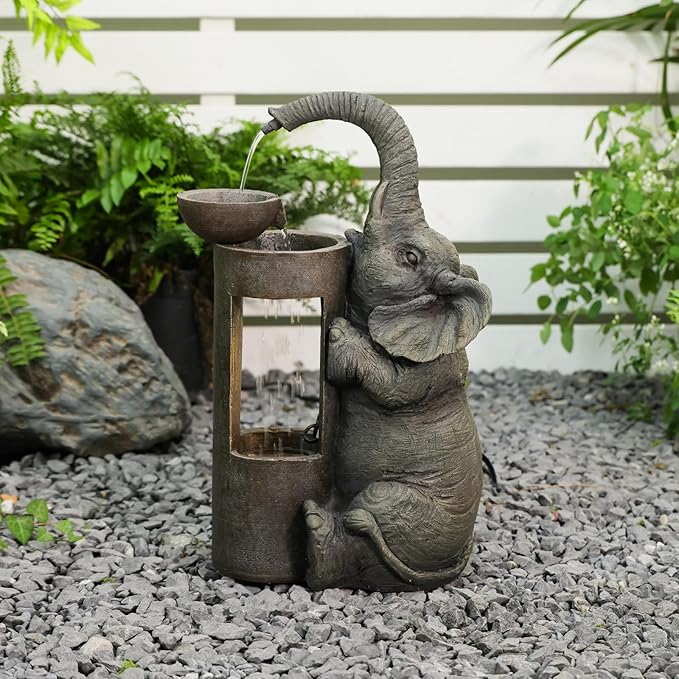Tankana Elephant Waterfall Fountain for Indoor Desktop & Outdoor Use Small Garden Water Feature with LED Light Quiet Mini Cute Table Water Fountains for Patio, Yard, Home Decor
