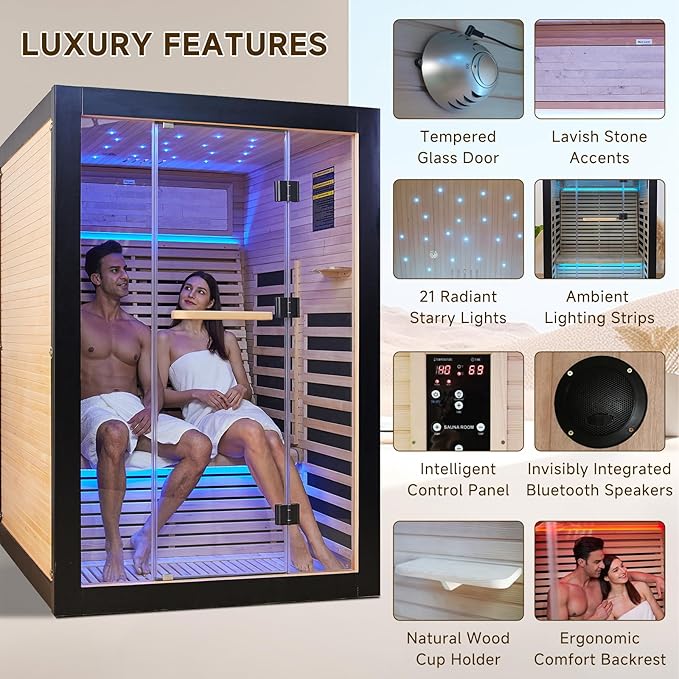 RIGO 2 Person Infrared Sauna for Home - Canadian Hemlock Luxury Spa with Exclusive Star Sky Roof & Oxygen Bar, 7 Low EMF Graphene Heaters, Bluetooth