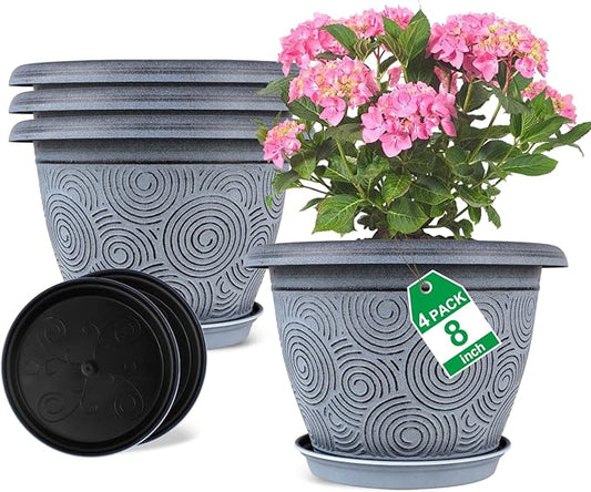 8 Inch Flower Pots Planters for Indoor Outdoor Plants, 4 Pack Plastic Small Plant Pots with Drainage Hole & Tray, Modern Decorative Garden Pot with Saucer, Plant Container for House