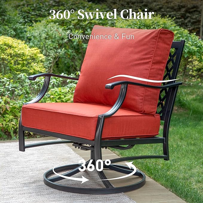 5 Piece Metal Outdoor Patio Furniture Sets, Patio Conversation Sets 1 3-seater Sofa, 2 Swivel Chairs, 2 Ottomans with 5.75" Thick Cushion, Black All-weather Backyard Furniture Set, Red