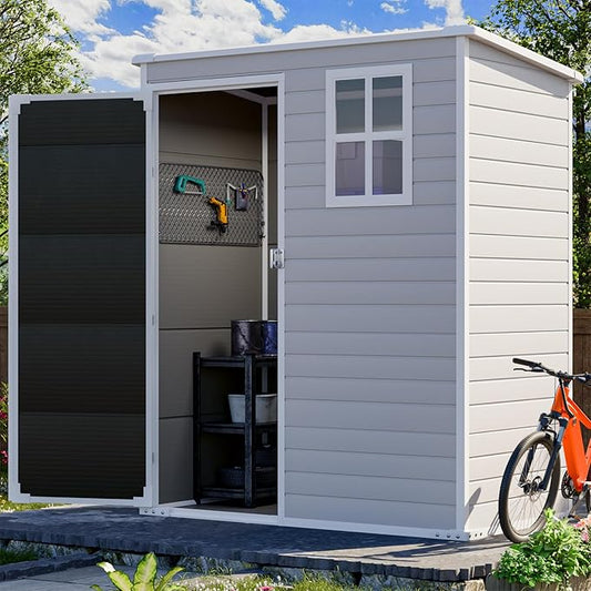 HUSFU 5x3 FT Outdoor Storage Shed with Floor and Lockable Door,Waterproof Resin Tool Shed for Garden, Backyard, Patio,Perfect to Store Patio Furniture,Weather-Resistant, Light Grey