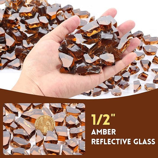 20 Pounds Fire Glass 1/2 Inch High Reflective Tempered Firepit Glass Rocks for Fireplace, Fire Pit Table, Fire Bowl and Landscaping (Amber)