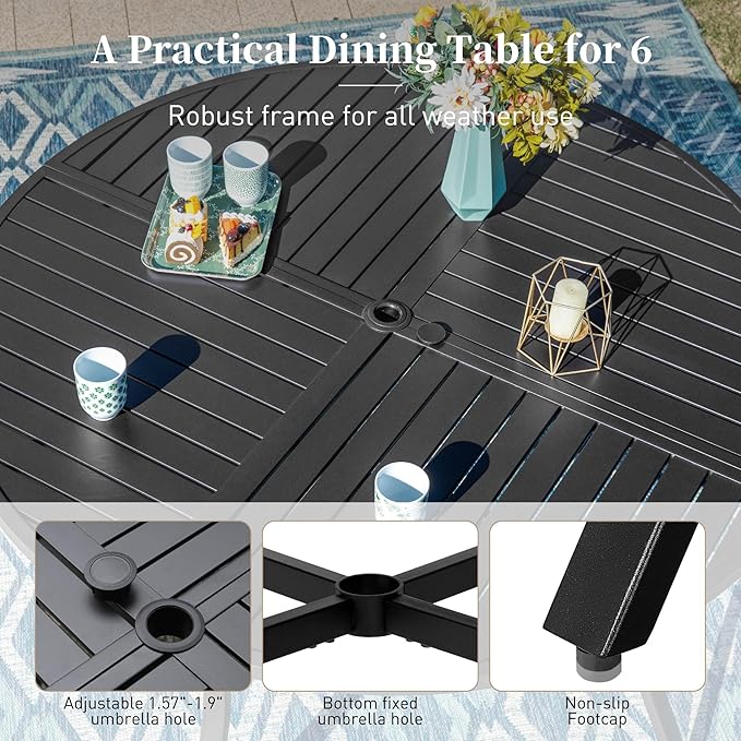 SUNSHINE VALLEY 54" Patio Dining Table for 6, Round Patio Table with Umbrella Hole,E-Coating and Powder Coating Steel Frame Metal Outdoor Patio Table for Garden Backyard Lawn Yard